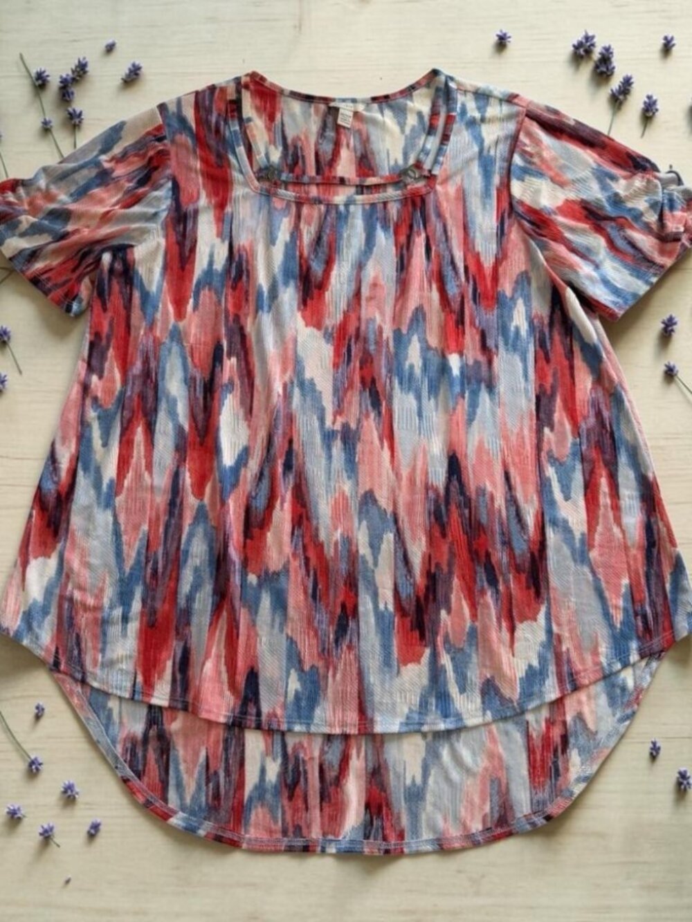 Cato Womens 14/16W‎ Red White Blue Top Hi Low Blouse Stretch Summer